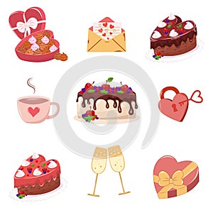 Valentines day element design - cake, coffee. Valentine flat symbol- heart cake . Holiday of love in cute style. Stock