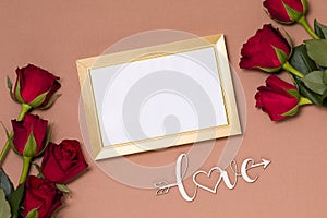 Valentines day,empty frame,love,nude background,gift,red roses,hearts,message,free copy text space