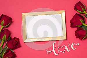 Valentines day,empty frame,love,red background,flatlay,red roses,free copy text space, message