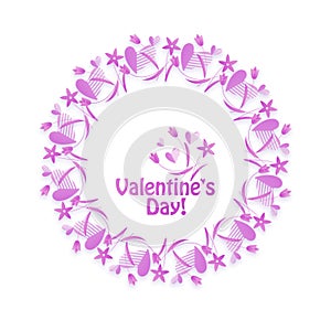 Valentines Day. Festive wreath, decorative card. Congratulatory frame, background with lilac tulip.