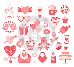 Valentines Day flat icons isolated on white background. Love concept. Design element for engagement,betrothal,wedding or photo