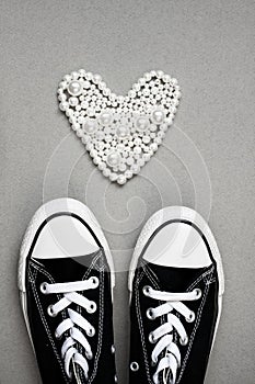 Valentines day flat lay banner. Chucks and pearls female concept.