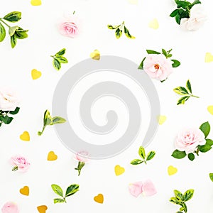 Valentines day frame composition with roses flowers, leaves and golden confetti on white background. Flat lay, top view