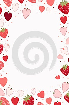 valentines day frame with strawberries and hearts on a white background