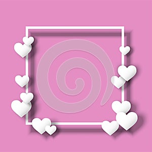 Valentines day frame template. white hearts with shadow. empty space for message