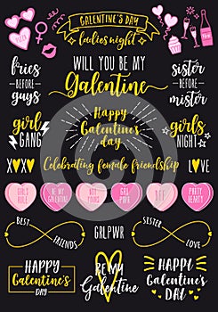 Valentines day, Galentines Day female party, vector set