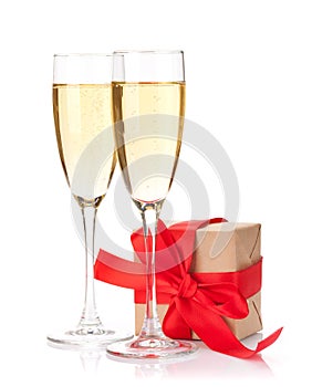 Valentines day gift box and champagne glasses