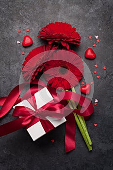 Valentines day gift box and gerbera bouquet