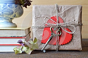 Valentines Day gift box with heart and key