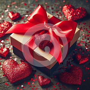 Valentines Day Gift Box with Red Bow Ribbon and Glitter Heart on Rustic Background. Generative ai for illustrations