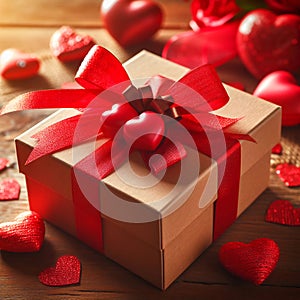 Valentines Day Gift Box with Red Bow Ribbon and Hearts on Wooden Table. Generative ai for illustrations