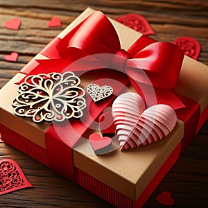 Valentines Day Gift Box with Red Bow Ribbon and Two Paper Hearts. Generative ai for illustrations