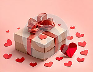 Valentines Day gift box with red ribbon on pink backdrop and red hearts