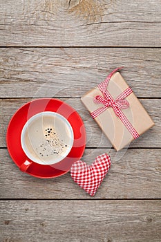 Valentines day gift box, toy heart and coffee cup