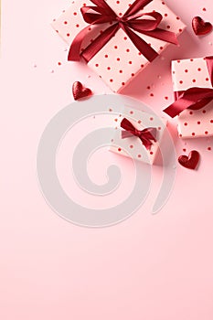 Valentines Day gift boxes with red ribbon bows, red hearts, confetti on pastel pink