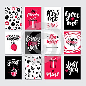 Valentines day gift card vector set. Hand drawn printable templates with lettering, texture, love quotes.