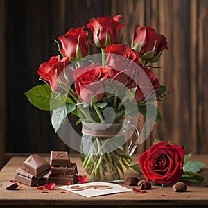 Valentines day gift of red roses and chocolate on a wooden table with a romantic background