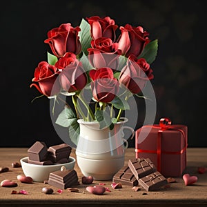 Valentines day gift of red roses and chocolate on a wooden table with a romantic background