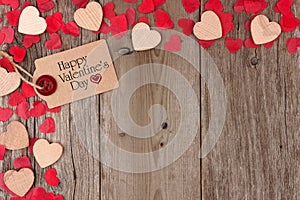 Valentines Day gift tag with heart corner border on wood