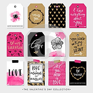 Valentines day gift tags and cards. Calligraphy design elements.