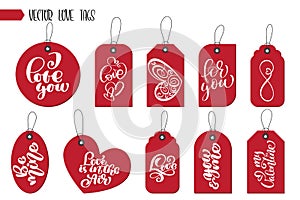 Valentines day gift tags and cards. Calligraphy and hand drawn design elements. Handwritten modern lettering