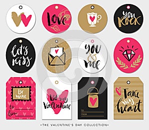 Valentines day gift tags, cards and stickers with calligraphy.