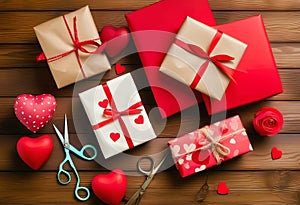 Valentines day gift wrapping with boxes and scissors over paper or wooden background