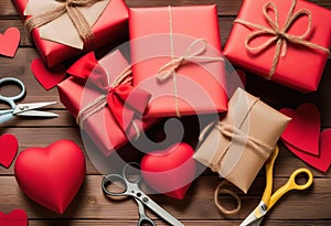 Valentines day gift wrapping with boxes and scissors over paper or wooden background