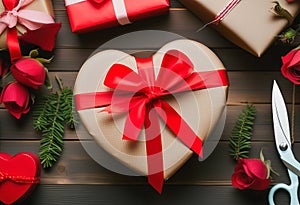 Valentines day gift wrapping with boxes and scissors over paper or wooden background