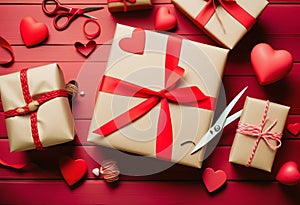 Valentines day gift wrapping with boxes and scissors over paper or wooden background