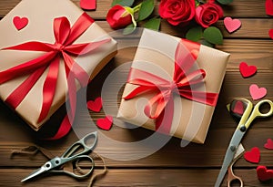 Valentines day gift wrapping with boxes and scissors over paper or wooden background