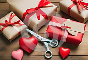 Valentines day gift wrapping with boxes and scissors over paper or wooden background