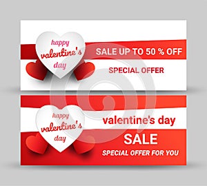 Valentines day gifts, 50% discounted price tag with red and white letters and hearts Put on a red background