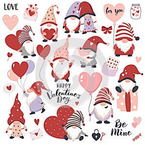 Valentines Day Gnomes with hearts, balloons, and gift boxes.