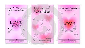 Valentines Day greeting banner templates in 90s style.Romantic vector illustrations in y2k aesthetic