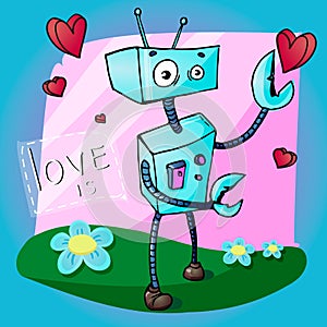 Valentines Day Greeting Card Cartoon Vector Illustration of Funny Robot