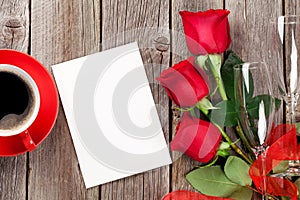 Valentines day greeting card, coffee and red roses