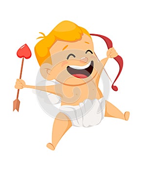 Valentines Day greeting card with cute cupid holding bow and arr