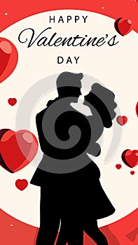 Valentines day greeting card, cute poster. Vector illustration of a black silhouette couple in love. Flyer, invitation, poster,