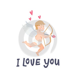 Valentines Day greeting card with funny cupid with bow and arroew. I love you inscription and Angel or Amour on white