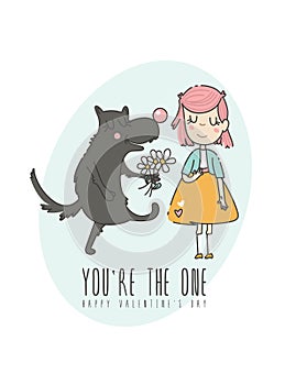 Valentines day greeting card with girl and wolf in love in modern flat line art style