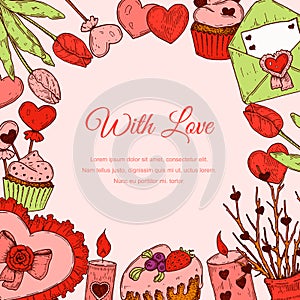 Valentines day greeting card with hand drawn elements. Social media stories template. Vector illustration