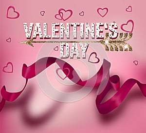 Valentines day greeting card with long pink ribbon with shadow and hearts.