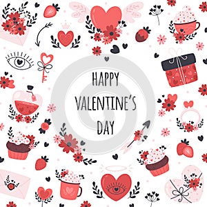 Valentines Day greeting card with love and romantic elements. Vector illustration