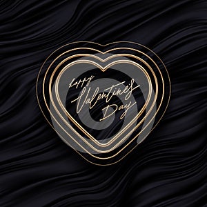 Valentines day greeting card. Realistic 3d golden metal hearts with different thicknesses on black fluid waves background.