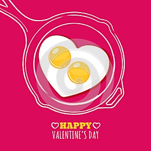 Valentines day greeting card with romantic breakfast illustration. Fried egg in heart shape and hand drawn watercolor pan.