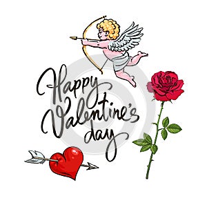 Valentines Day greeting card. Sketch of cute Cupid aiming bow and arrow red rose, heart pierced by arrow, Vector illustration