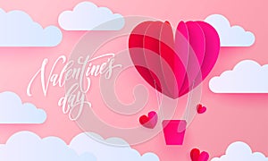 Valentines day greeting card of valentine paper art heart balloon with gift box on white cloud pattern background. Vector Happy Va