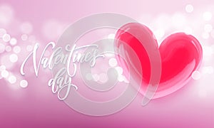Valentines day greeting card of valentine red crystal heart on pink light shine background. Vector Happy Valentines day text lette
