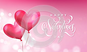 Valentines day greeting card of valentine red heart balloon on pink light shine background. Vector Happy Valentines day text lette